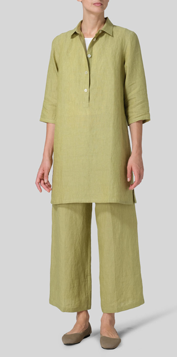 Olive Yellow Linen Straight Fit Shirt Collar Tunic
