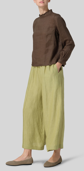 Dark Olive Linen Ruffle Stand Collar Cropped Blouse