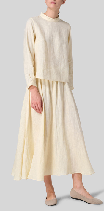 Lemon Chiffon Linen Ruffle Stand Collar Cropped Blouse Set