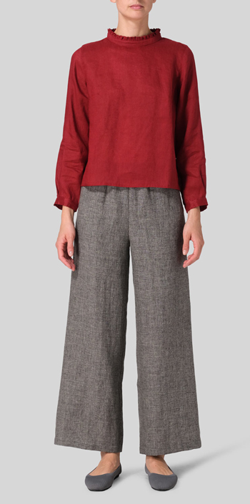 Dull Red Linen Ruffle Stand Collar Cropped Blouse