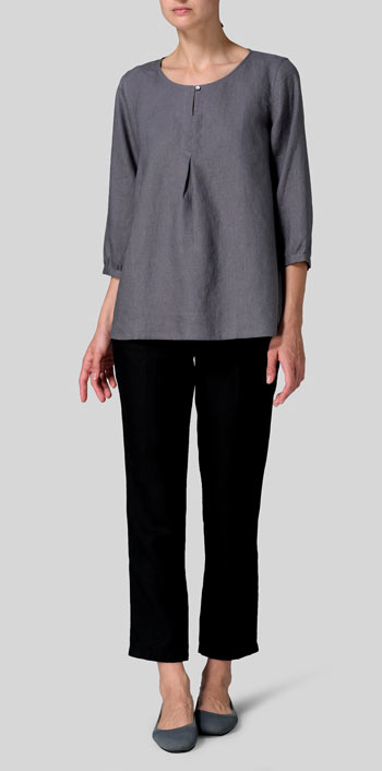 Gray Linen Half Sleeve Inverted Front Pleat Blouse