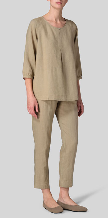 Khaki Sand Linen Half Sleeve Inverted Front Pleat Blouse