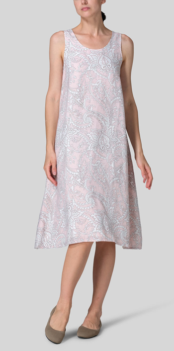 Pink Paisley Waves Linen Lining A-Shape Midi Dress