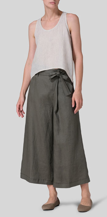 Olive Green Linen Wide-Leg Pants Set