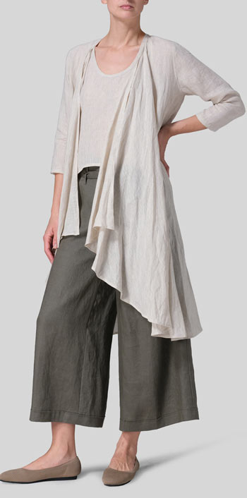 Linen Long Waterfall-Front Jacket Set