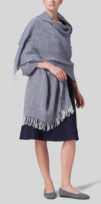 Dark Navy Linen Bias Cut A-Line Midi Dress With Scarf