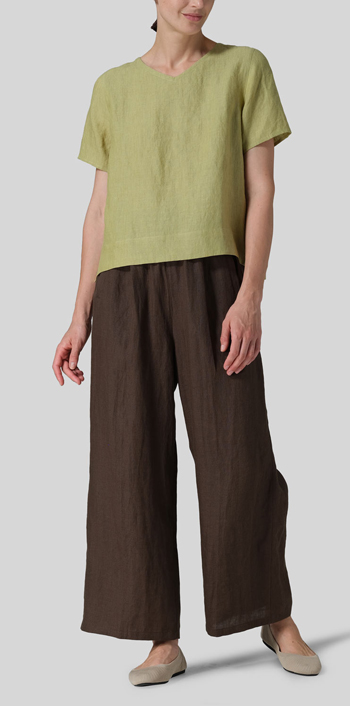 Olive Yellow Linen Regular Fit V-Neck Short Top