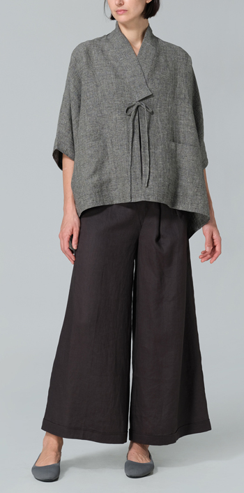 Two Tone Charcoal Linen Tie Rope Short Kimono Jacket