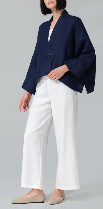 Blue Double Cloth Medium Weight Linen Kimono Long Sleeve Jacket