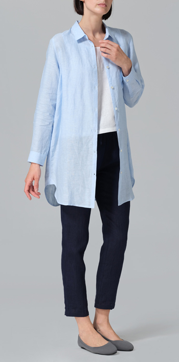 Powder Blue Linen L/S Solid Basic Button Front Long Blouse