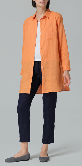 Orange Linen L/S Solid Basic Button Front Long Blouse