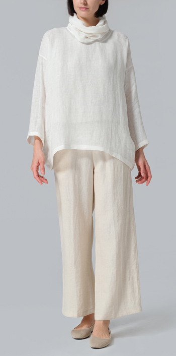 Soft White Woven Linen Long Sleeve Cowl Neck Top