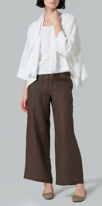White Linen Shawl Collar Open Front Cropped Jacket