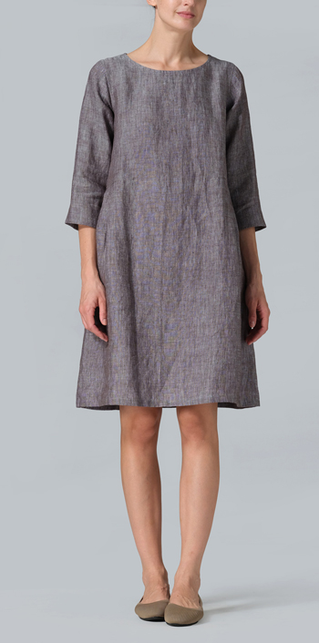 Two Tone Brown Linen Mid-Length Dress