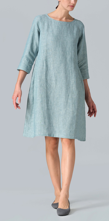 Two Tone Light Green Linen Mid-Length Dress