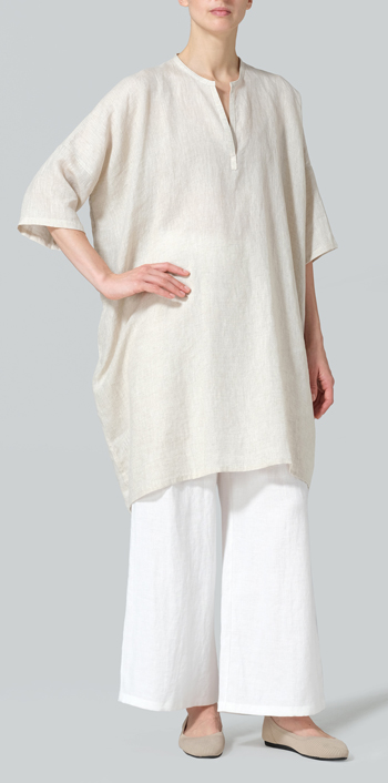 Oat Linen Wide A-line V-neck Mandarin Collar Tunic