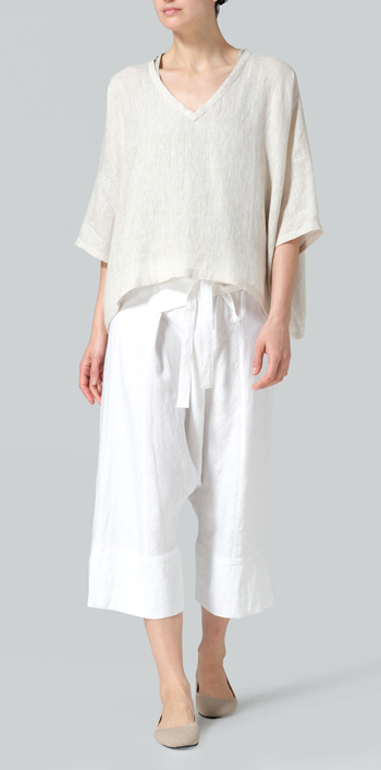 Oat Linen Loose Deep V-Neck Top Set