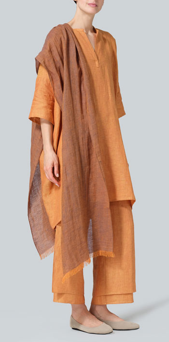 Golden Brown Linen Wide A-line V-neck Mandarin Collar Tunic Set