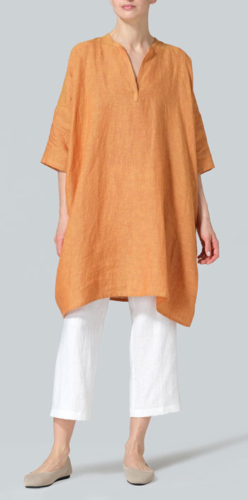 Golden Brown Linen Wide A-line V-neck Mandarin Collar Tunic