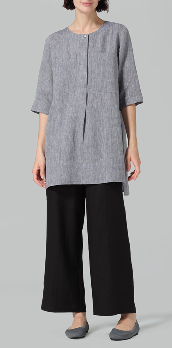 Two Tone Navy White Linen Chest Pocket Tunic