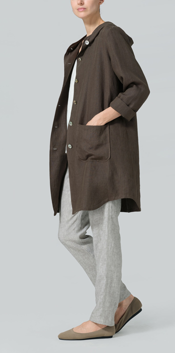 Dark Olive Brown Linen Button-Up Hooded Tunic