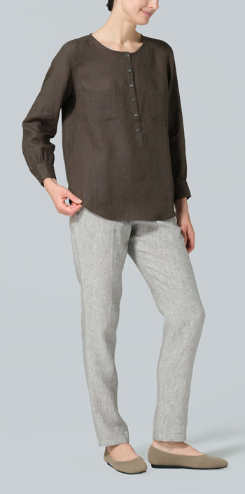 Dark Olive Brown Linen Round Neck Long Sleeve Shirt