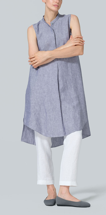 Light Denim Linen Sleeveless A-shape Tunic with Mandarin Collar