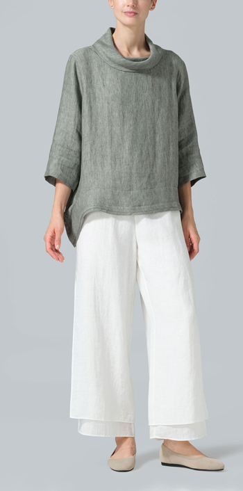 Dull Green Linen Cowl Neck Curved Hem Top