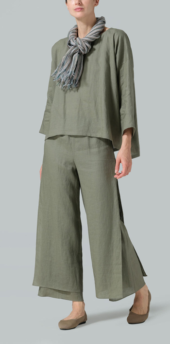 Linen Wide Round Neck Dropped Shoulder Top Set