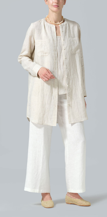 Oat Linen Open Front Long Shirt Set