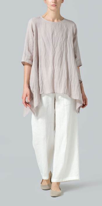 Sand Beige Linen Half Sleeves Handkerchief Hem Tunic