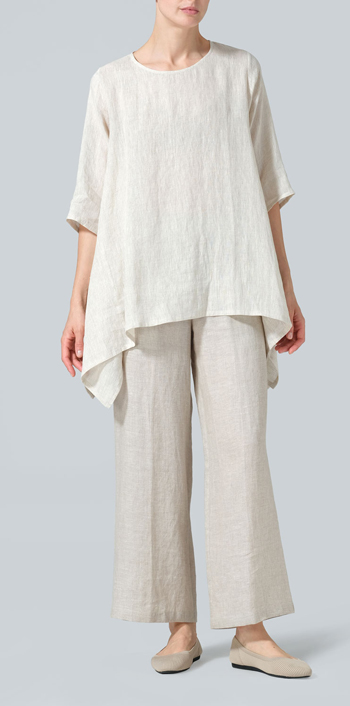 Oat  Linen Half Sleeves Handkerchief Hem Tunic