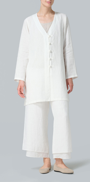Soft White Linen Handmade Knot Buttons Straight-Cut Top Set