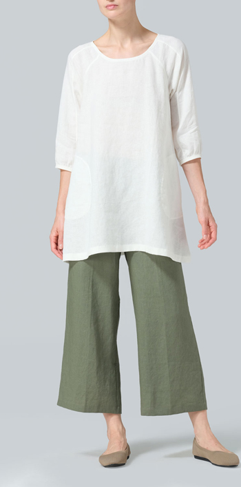 Off White Linen Elbow Sleeve Tunic