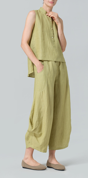 Olive Yellow Linen Mandarin Collar Vest Set
