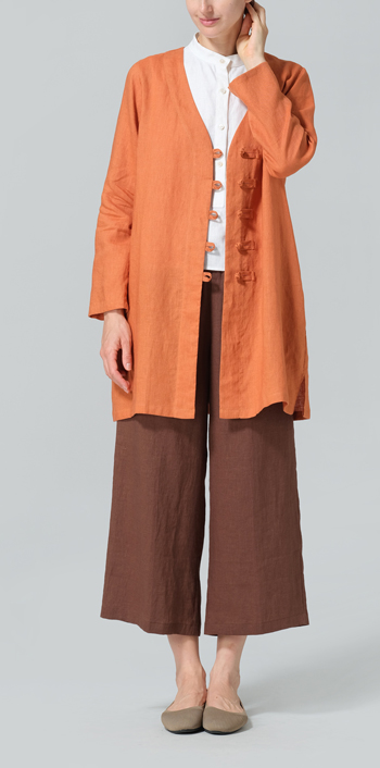 Sun Orange Linen Handmade Knot Buttons Straight-Cut Top Set