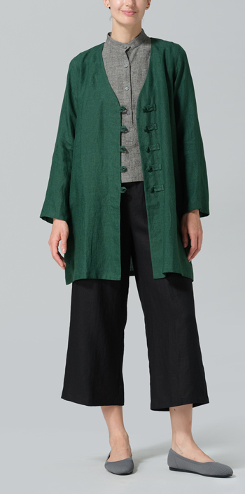 Green Linen Handmade Knot Buttons Straight-Cut Top Set