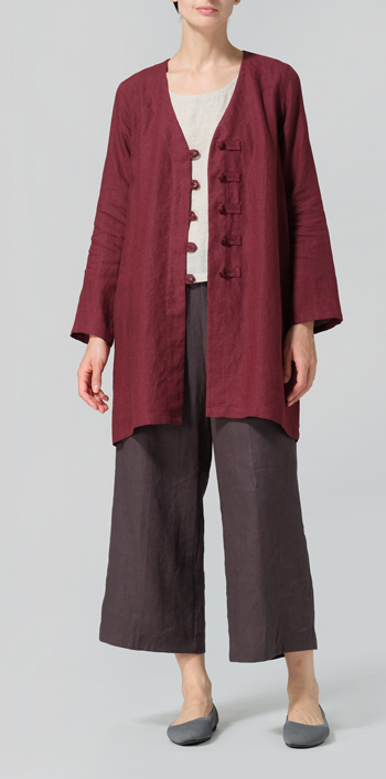 Red Linen Handmade Knot Buttons Straight-Cut Top Set