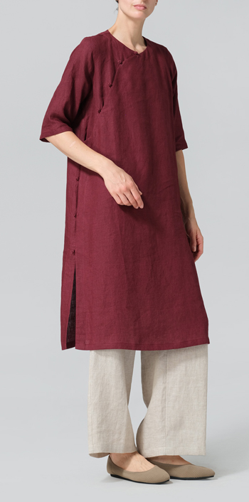 Red Linen Tunic with Vintage Mandarin Knot