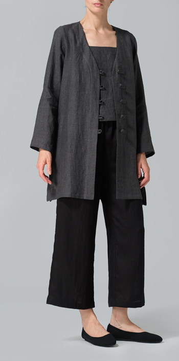 Dark Gray Linen Handmade Knot Buttons Straight-Cut Top Set