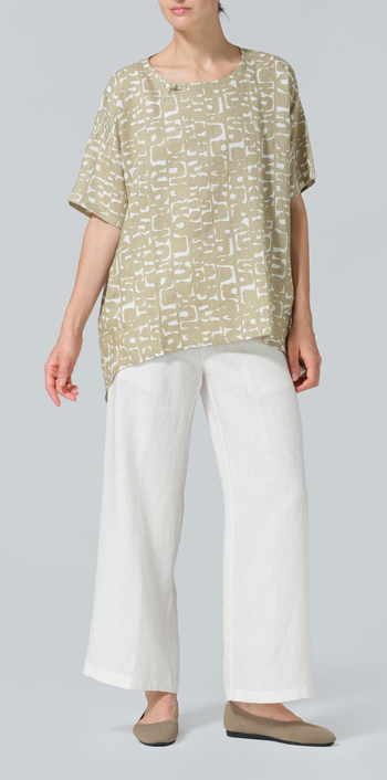 Khaki Print Linen Relaxed Handmade Knot Buttons Top