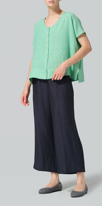 Two Tone Yellow Green Linen Wide S/Sleeve Blouse