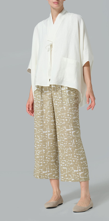 Cream White Linen Tie Rope Kimono Jacket