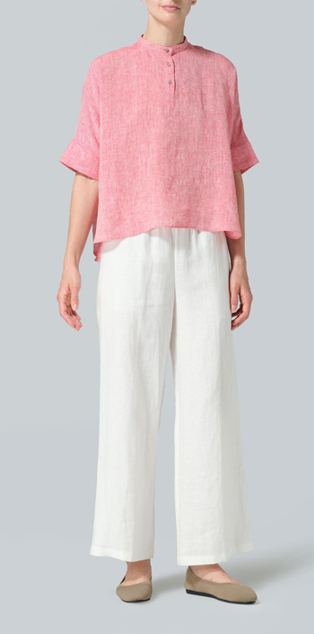 Two Tone Red Linen Mandarin Collar Boxy Shirt