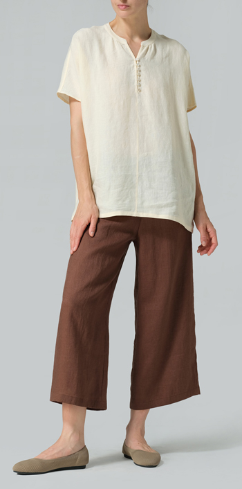 Soft Yellow Linen V-neck Cape Sleeve Long Blouse