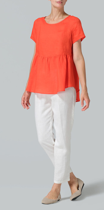 Orange Red Linen Short Sleeve Pleated Blouse