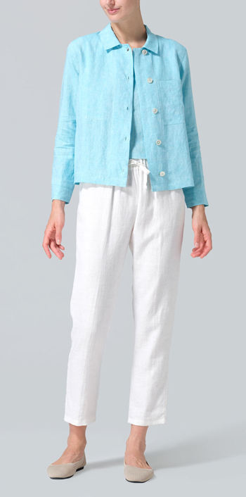Aqua Blue Linen Cropped Shirt Jacket with Pockets