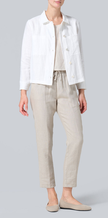 White Linen Cropped Shirt Jacket with Pockets