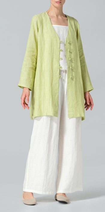 Lime Linen Handmade Knot Buttons Straight-Cut Top Set