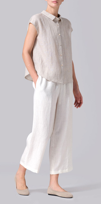 Oat Linen Collared Neckline Cap Sleeves Top